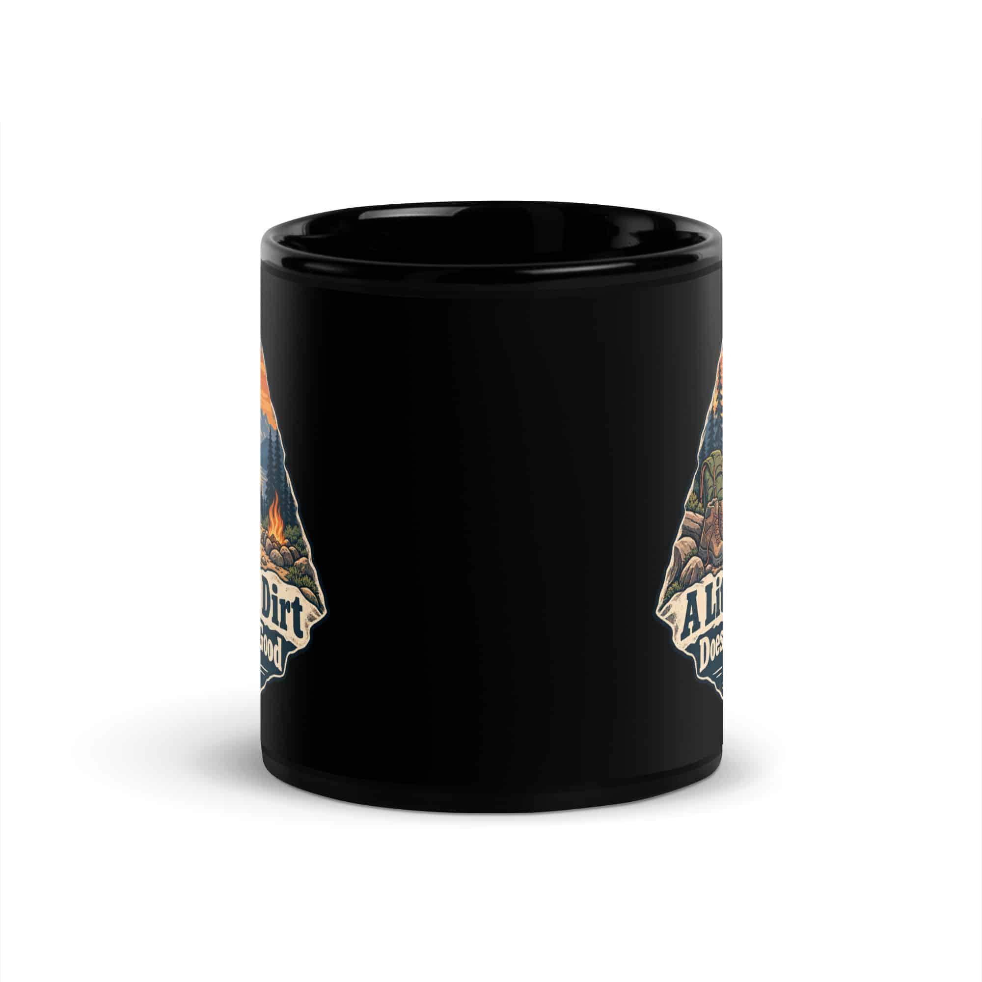 Nature and Adventure Black Coffee Mug: A Little Dirt Does Me Good, Scenic Shield Badge
