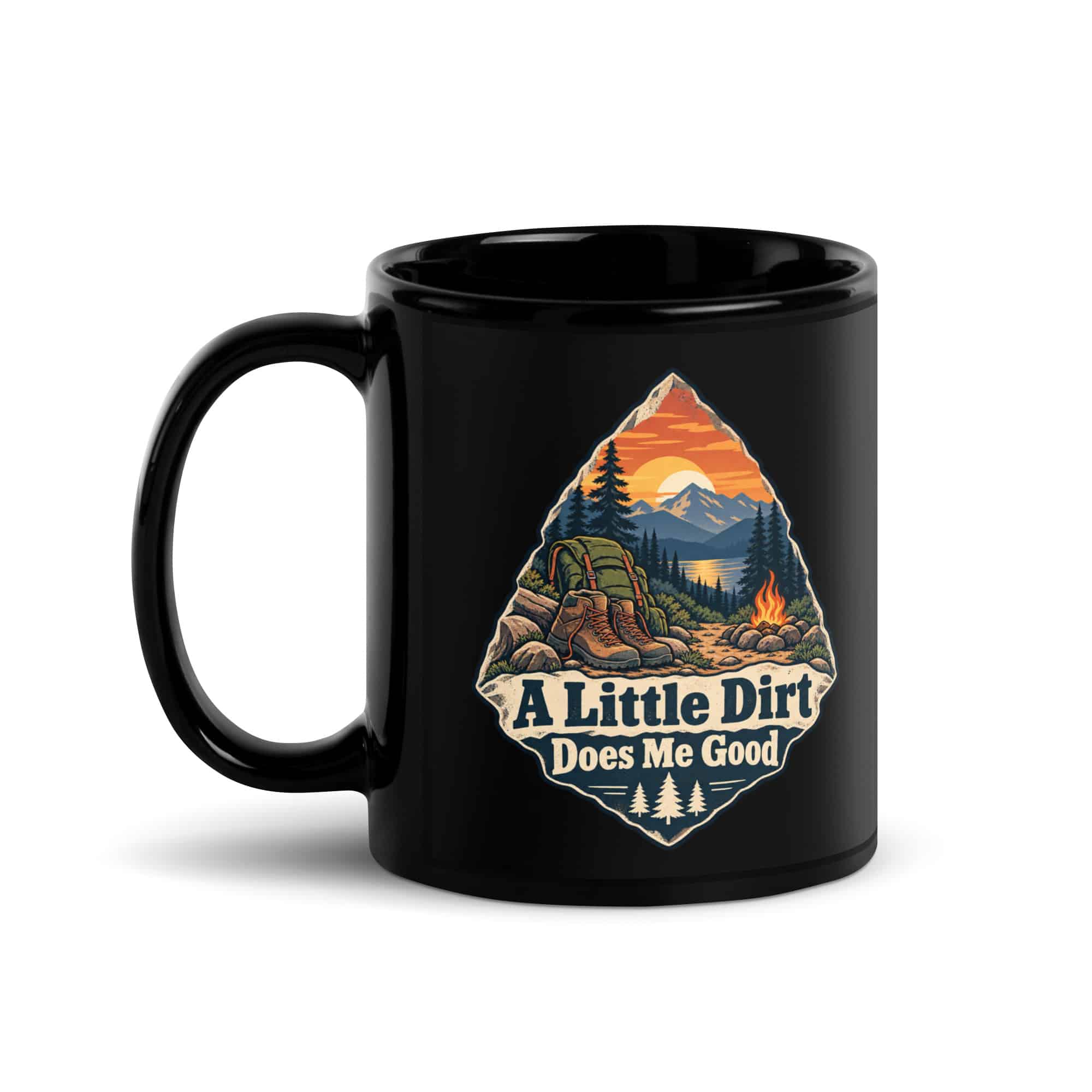 Nature and Adventure Black Coffee Mug: A Little Dirt Does Me Good, Scenic Shield Badge