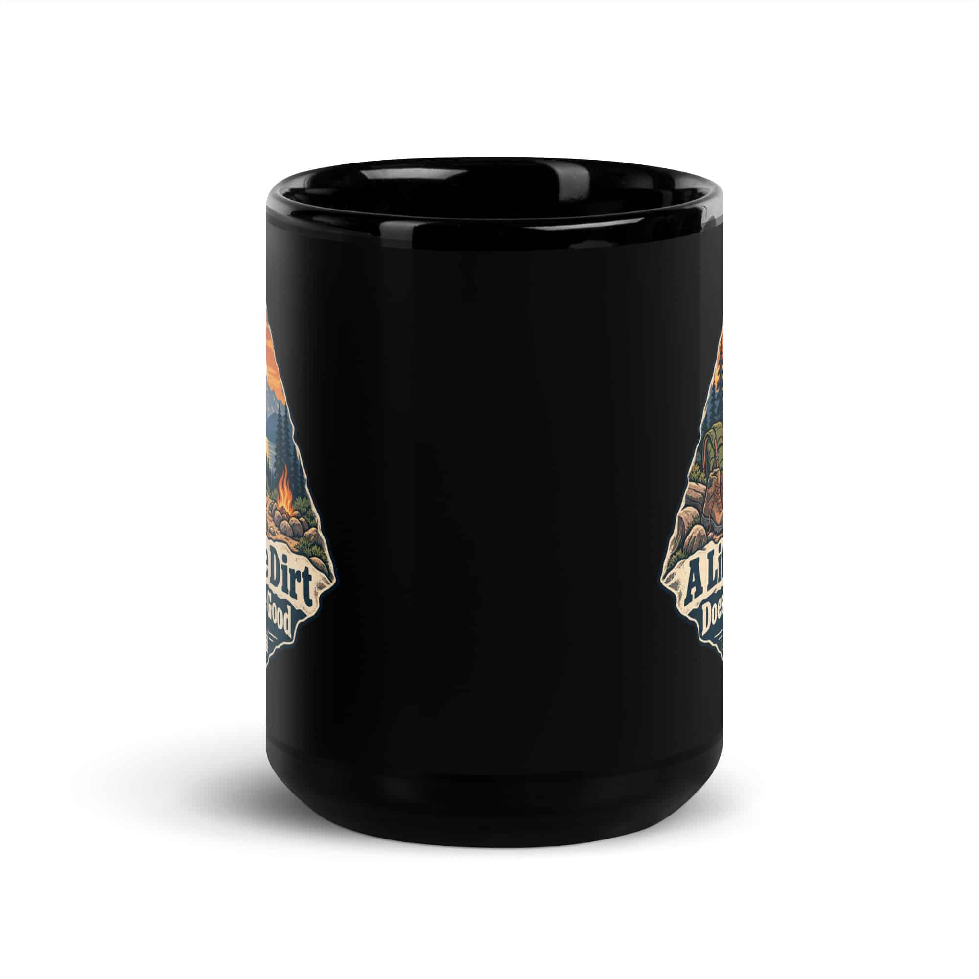 Nature and Adventure Black Coffee Mug: A Little Dirt Does Me Good, Scenic Shield Badge