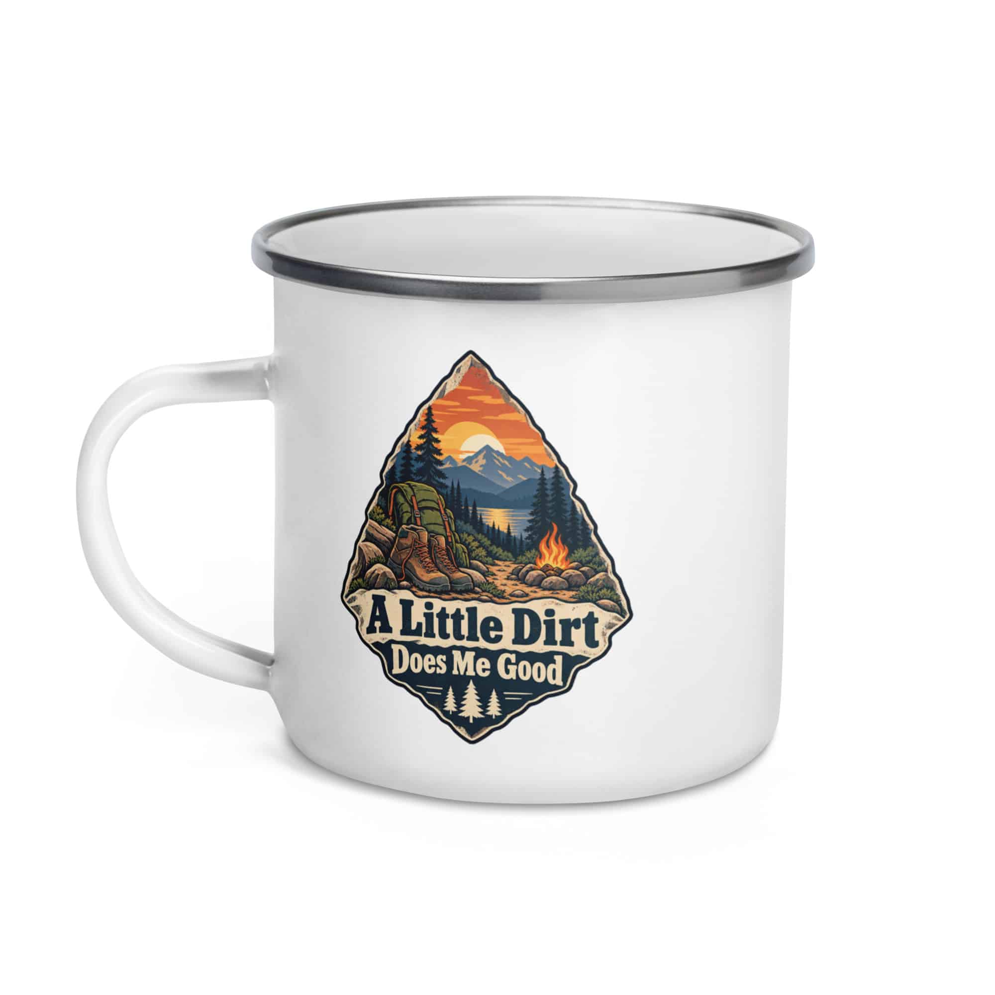 Nature and Adventure Enamel Camp Mug: A Little Dirt Does Me Good, Scenic Shield Badge