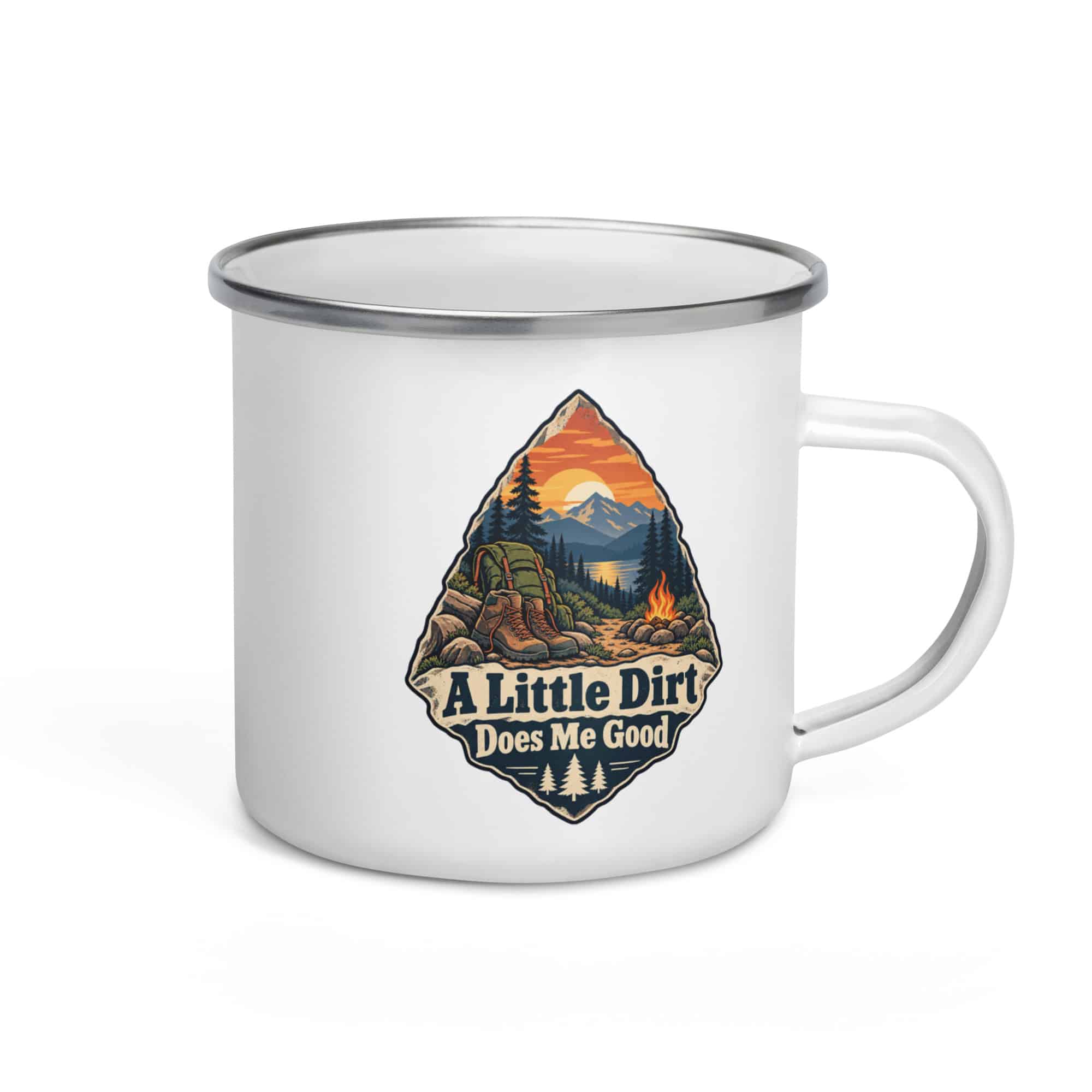 Nature and Adventure Enamel Camp Mug: A Little Dirt Does Me Good, Scenic Shield Badge