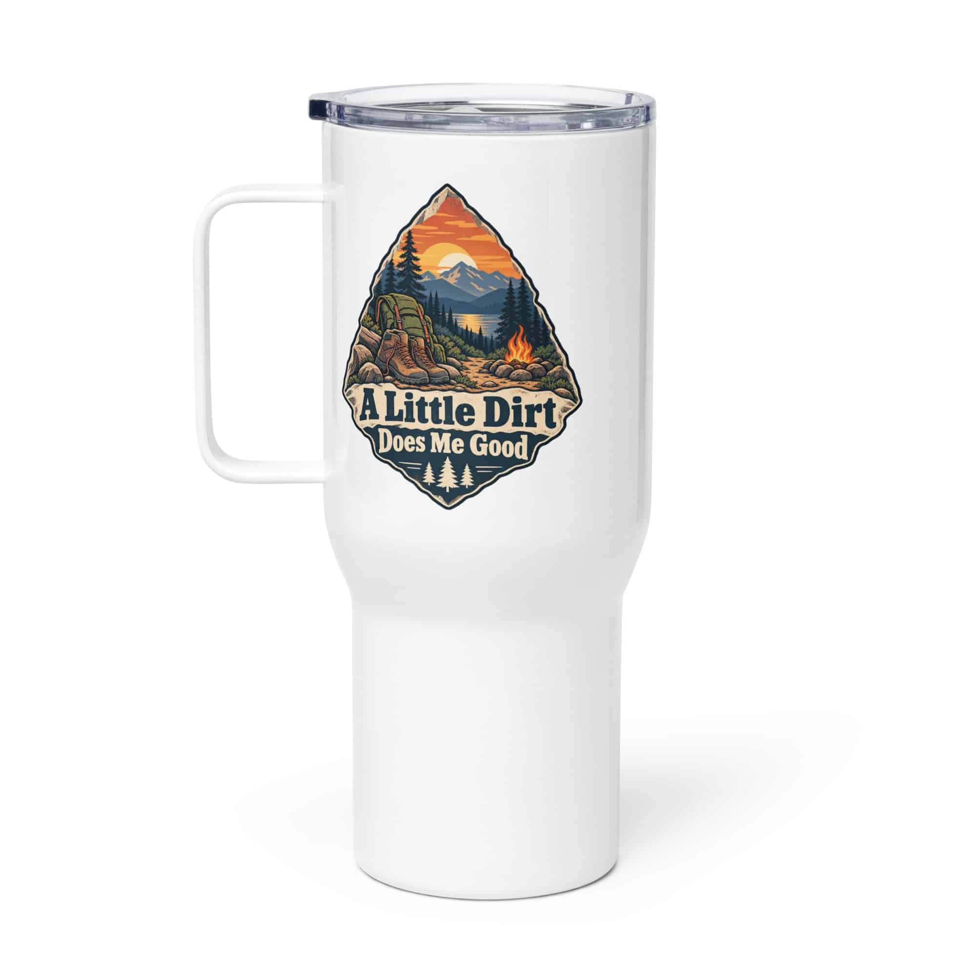 Nature and Adventure Travel Mug: A Little Dirt Does Me Good, Scenic Shield Badge