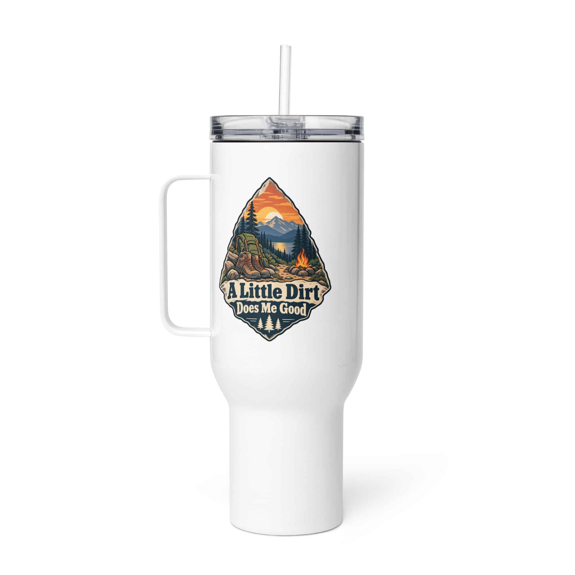 Nature and Adventure Travel Mug: A Little Dirt Does Me Good, Scenic Shield Badge