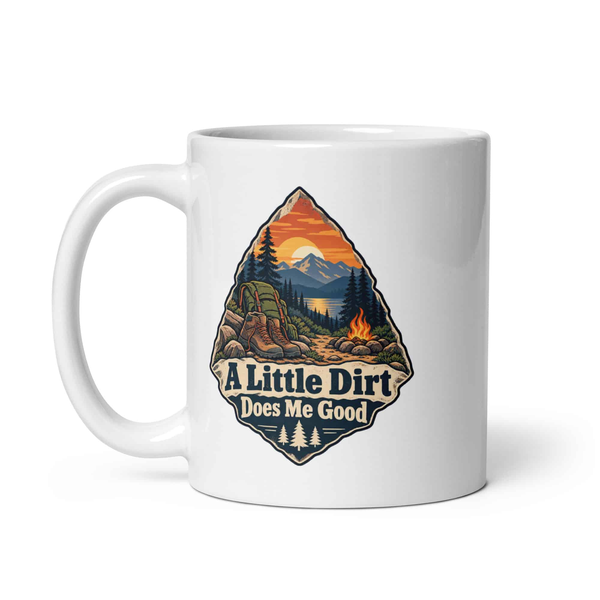 Nature and Adventure White Ceramic Coffee Mug: A Little Dirt Does Me Good, Scenic Shield Badge