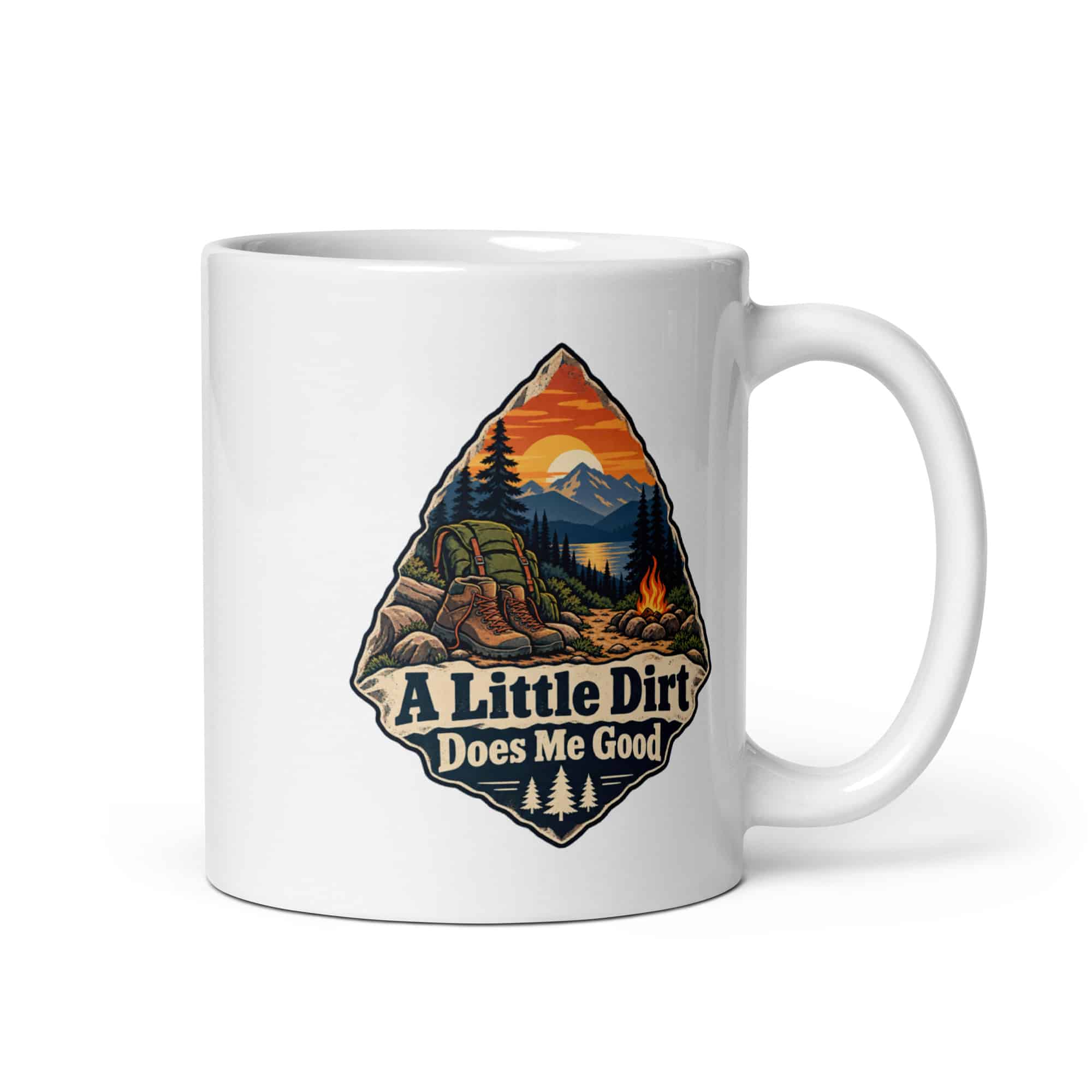 Nature and Adventure White Ceramic Coffee Mug: A Little Dirt Does Me Good, Scenic Shield Badge
