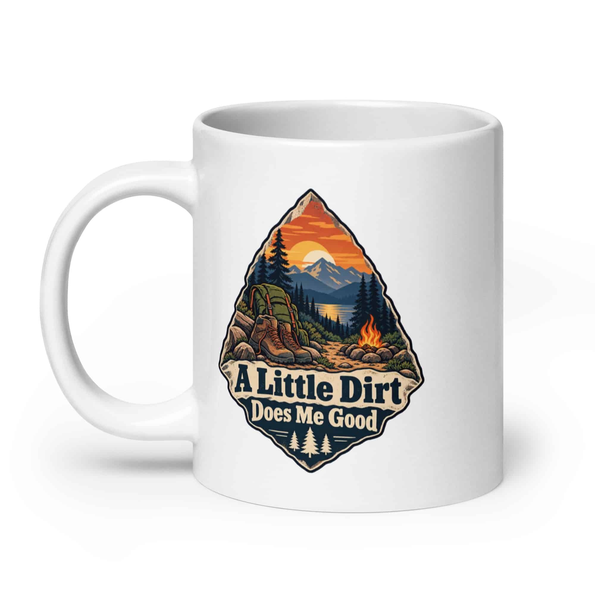 Nature and Adventure White Ceramic Coffee Mug: A Little Dirt Does Me Good, Scenic Shield Badge