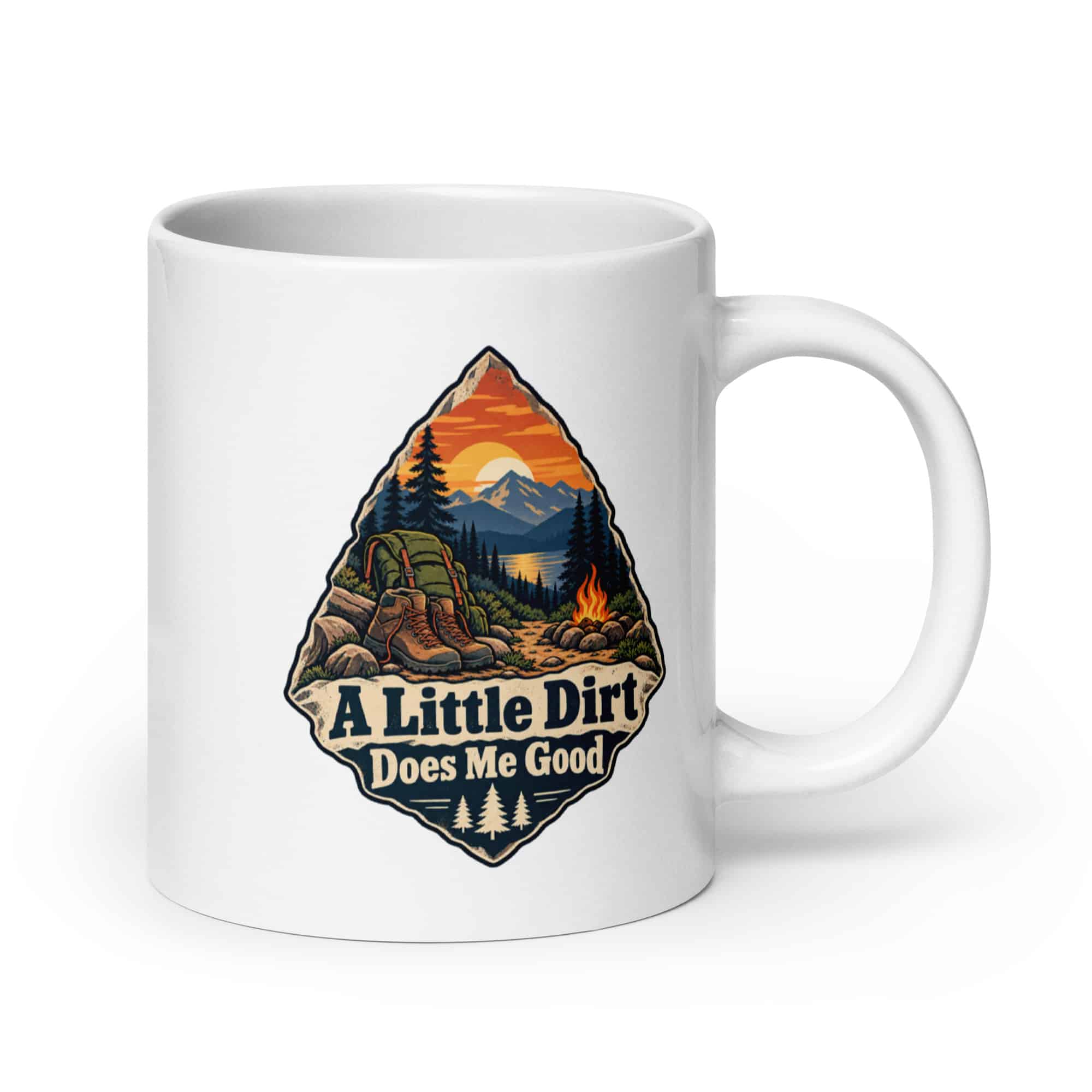 Nature and Adventure White Ceramic Coffee Mug: A Little Dirt Does Me Good, Scenic Shield Badge
