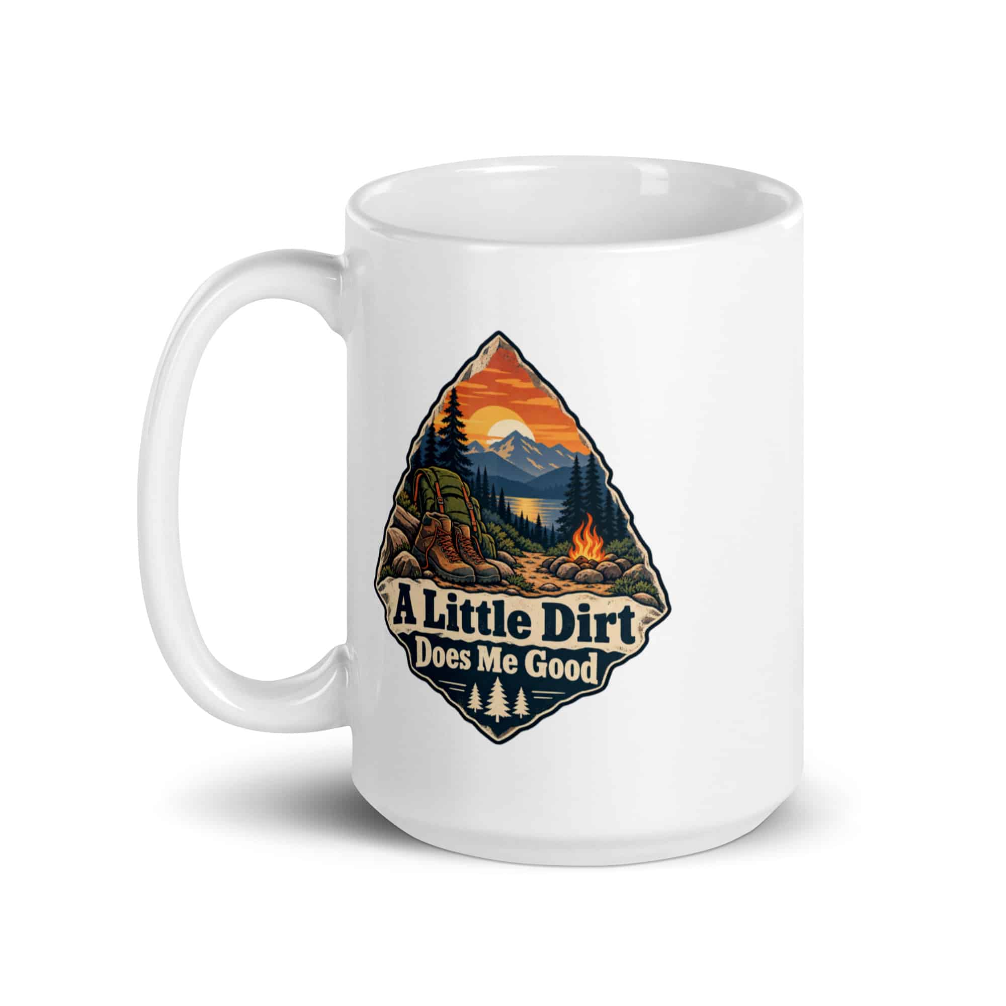 Nature and Adventure White Ceramic Coffee Mug: A Little Dirt Does Me Good, Scenic Shield Badge