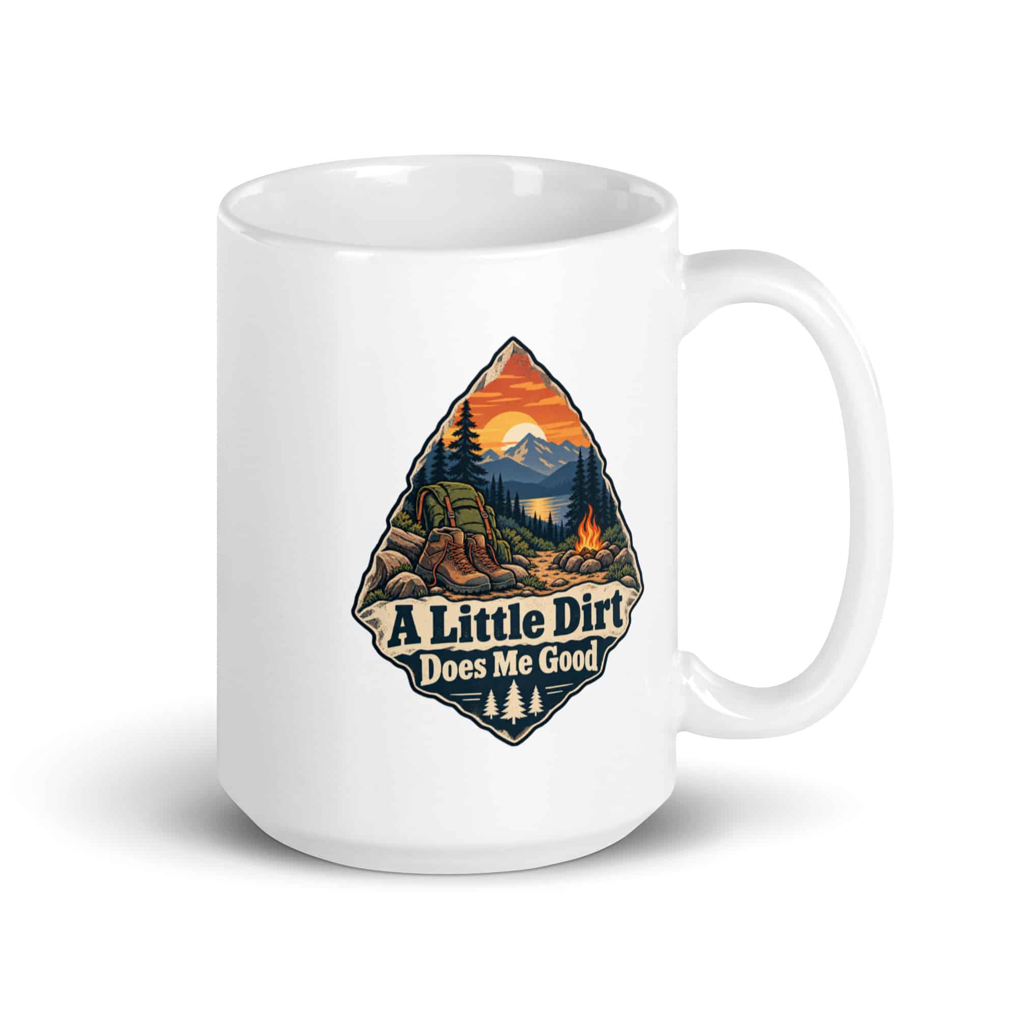 Nature and Adventure White Ceramic Coffee Mug: A Little Dirt Does Me Good, Scenic Shield Badge