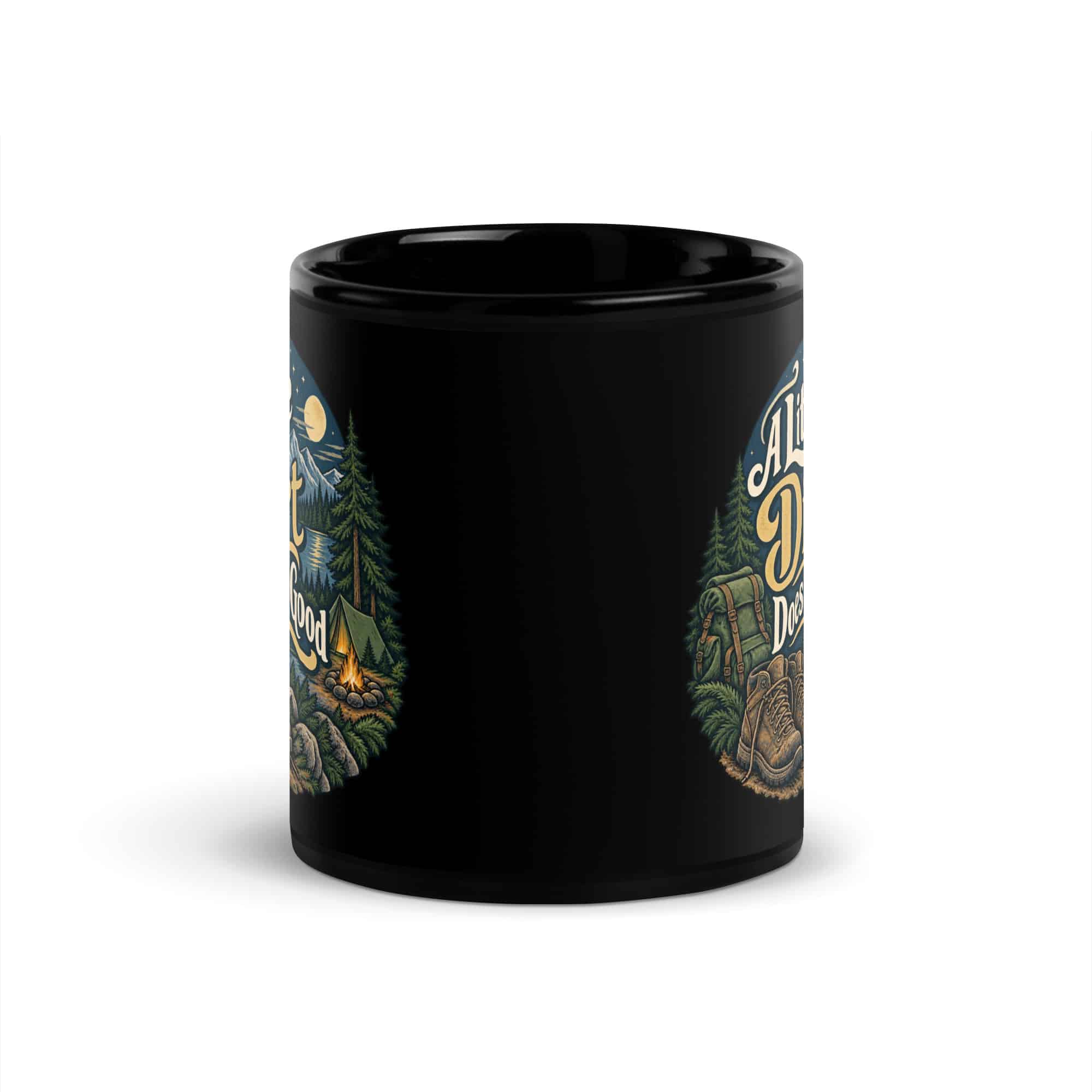 Nature and Adventure Black Coffee Mug: A Little Dirt Does Me Good, Woodland Scenic Lettering