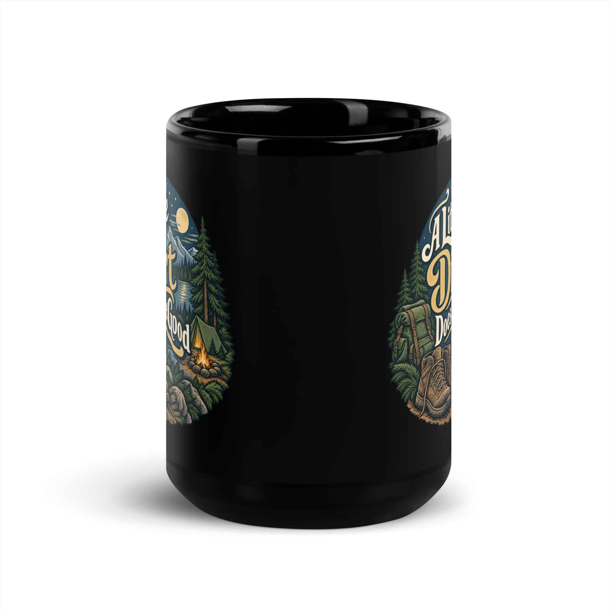 Nature and Adventure Black Coffee Mug: A Little Dirt Does Me Good, Woodland Scenic Lettering