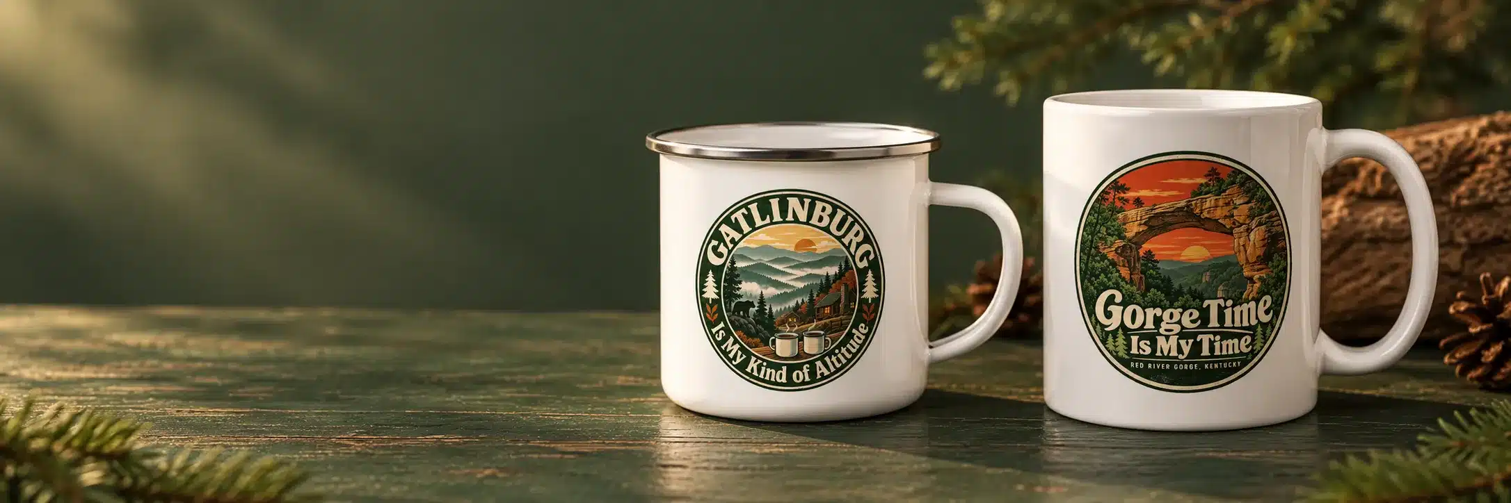 A Gatlinburg enamel camp mug beside a Gorge Time coffee mug on a mossy green surface