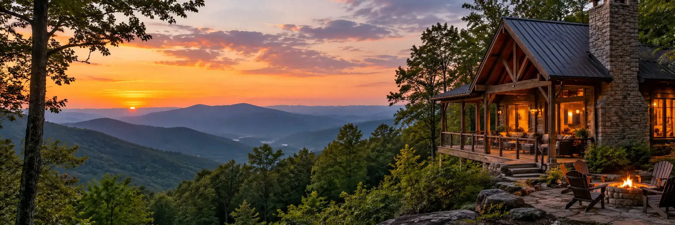 Mountain cabin at dusk overlooking the Great Smoky Mountains