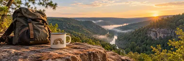 Backpack and camp mug on a sandstone ledge above the gorge