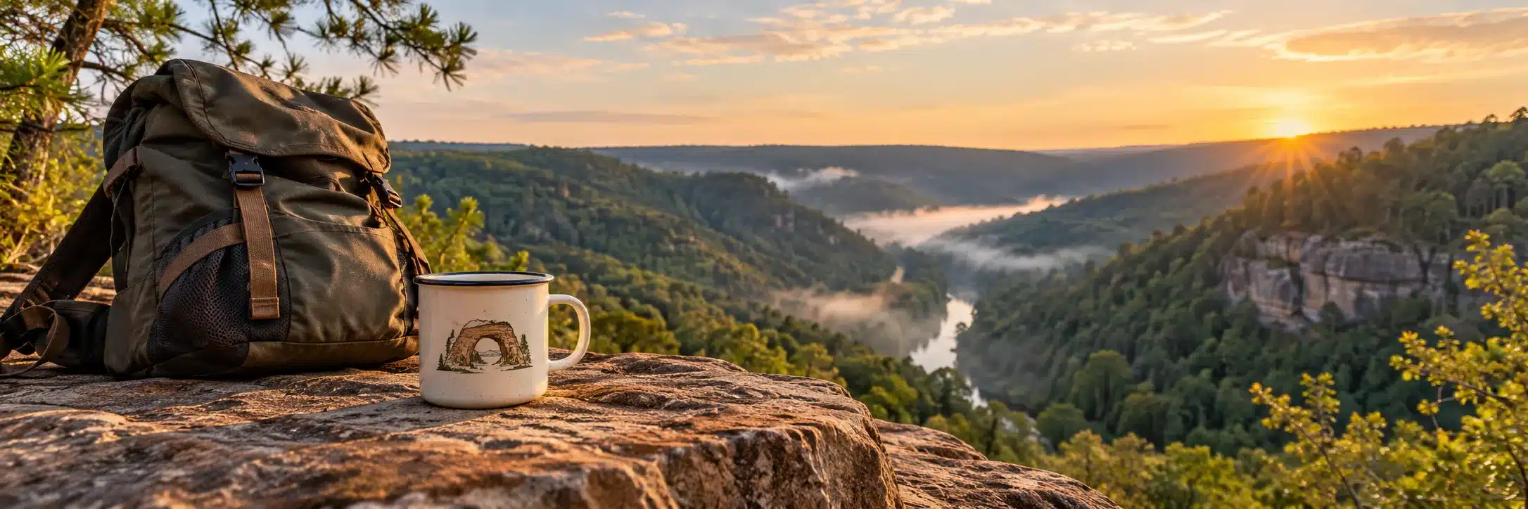 Canvas backpack and an enamel camp mug sitting on a sandstone ledge above a forested gorge at sunrise