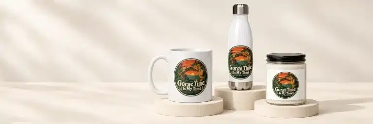 Gorge Time Is My Time mug, candle and water bottle