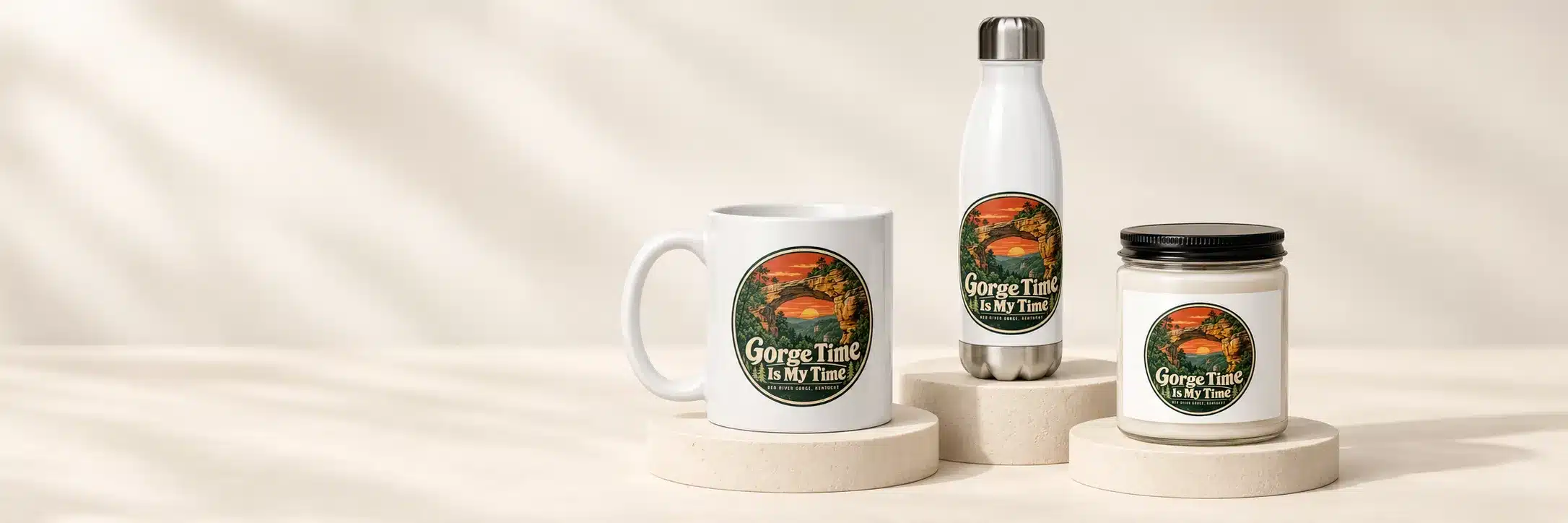 Gorge Time Is My Time mug, candle and water bottle