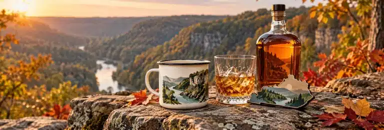 Camp mug and Kentucky magnet on a rock overlooking an autumn river gorge