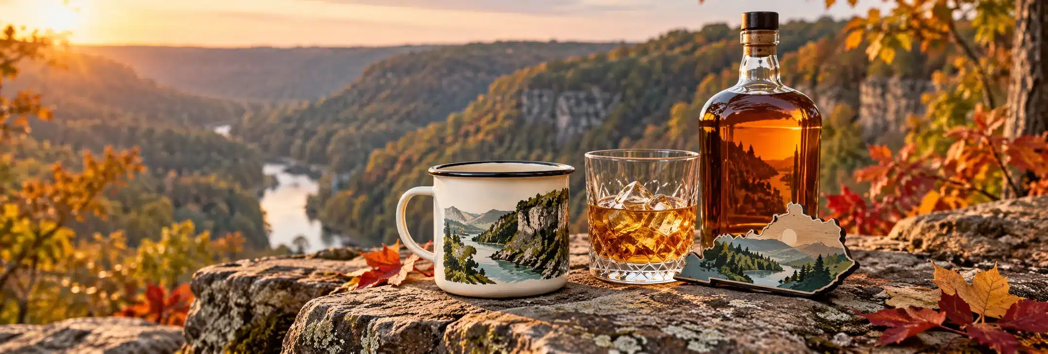 Enamel camp mug with a river gorge print, a rocks glass of bourbon, a bottle and a Kentucky-shaped magnet on a rock above an autumn river gorge