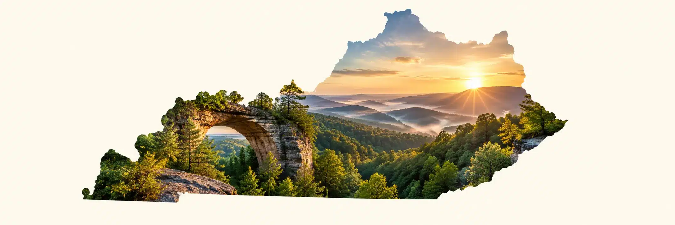 Outline of the state of Kentucky filled with a sandstone arch, forest and a rising sun