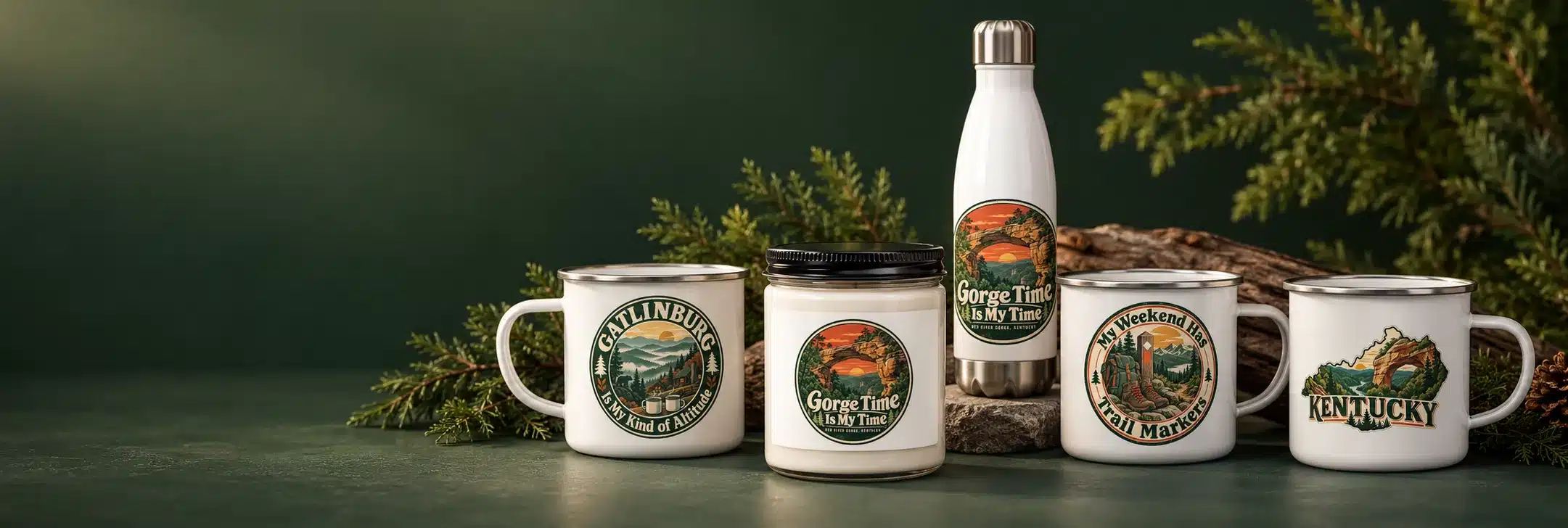 Camp mugs, a candle and a water bottle from a nature-themed collection arranged among pine branches on a dark background