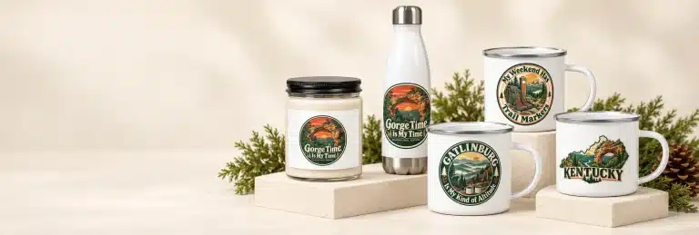Full nature collection of camp mugs, candle and water bottle