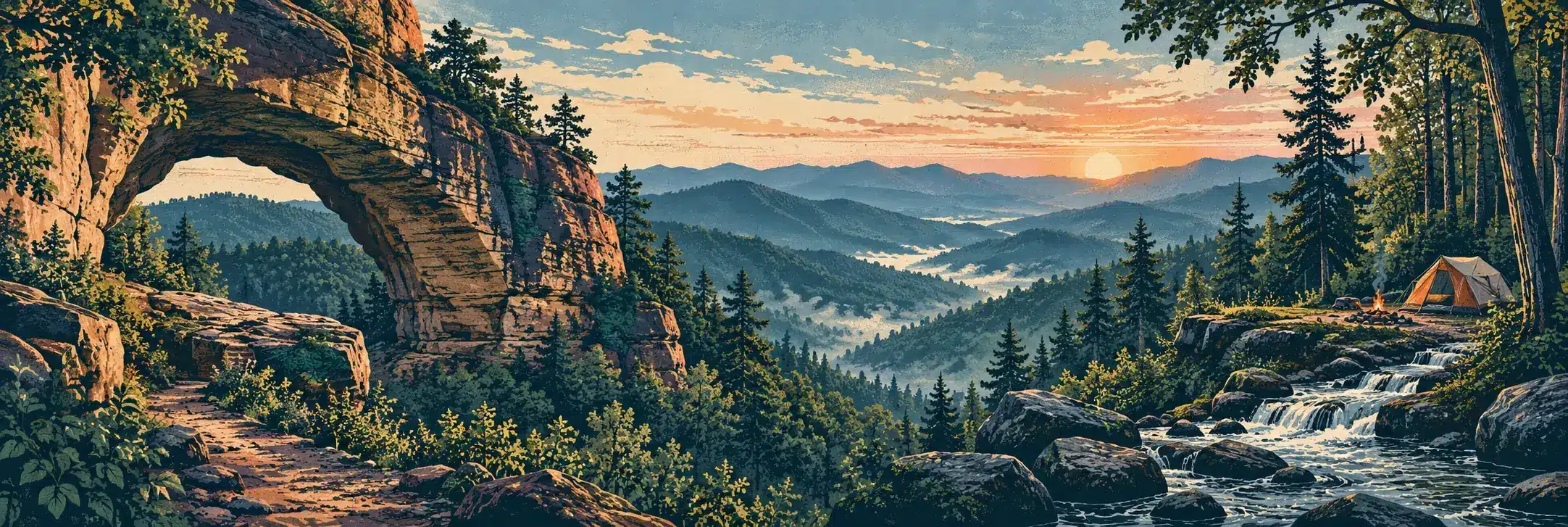 Illustrated forest trail with a natural arch, creek and campsite