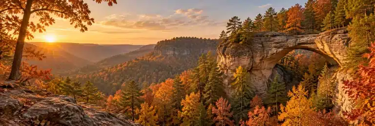 Sandstone arch above an autumn valley in the Red River Gorge