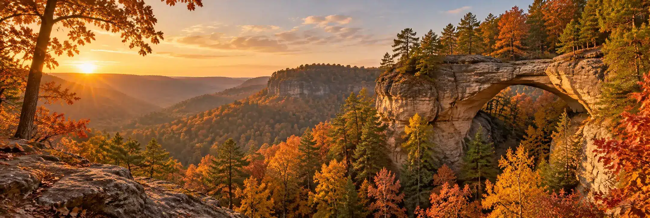 Sandstone arch above an autumn valley in the Red River Gorge