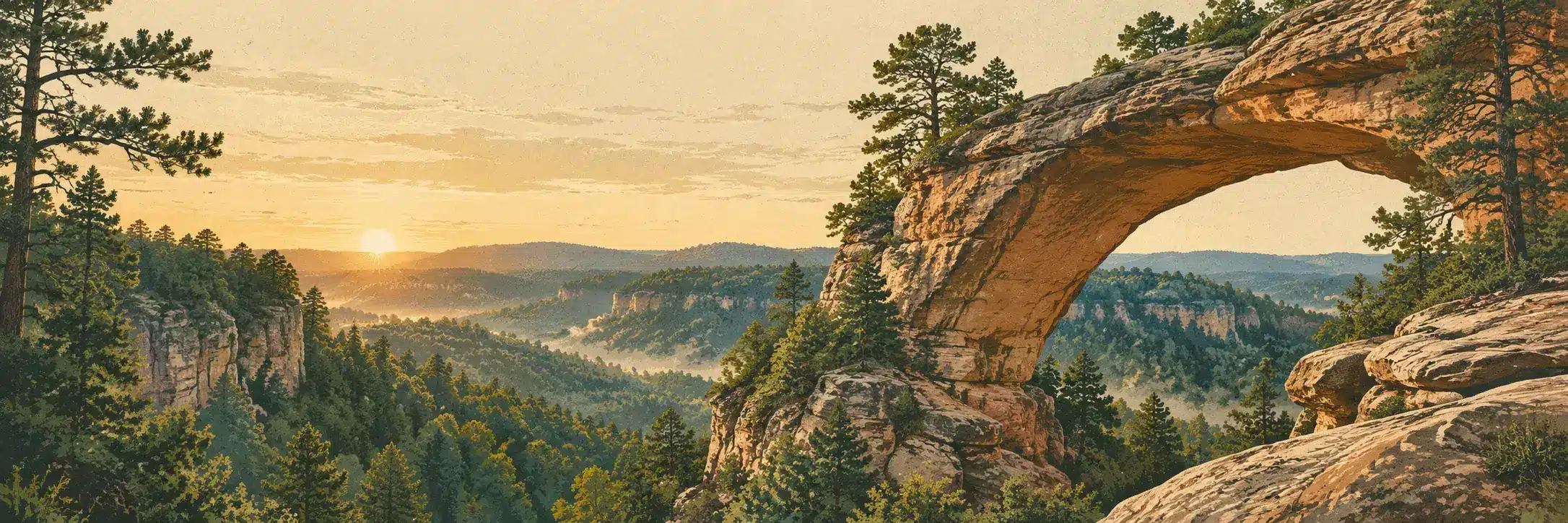 Wide panorama of sandstone cliffs, a natural arch and misty forested valleys in the Red River Gorge