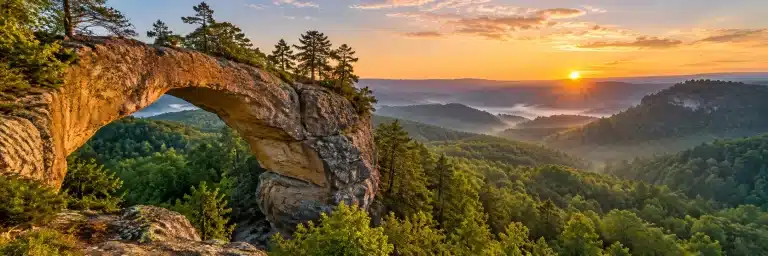 Sunrise over the Red River Gorge with a sandstone arch