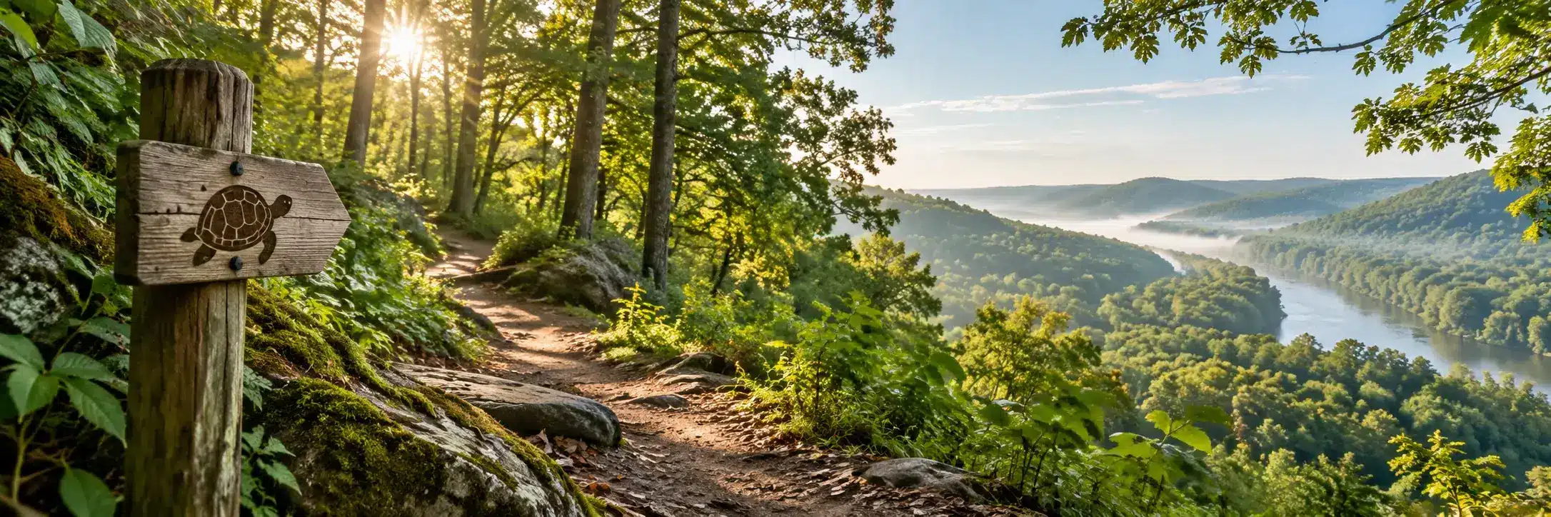 Forest trail with a turtle trail marker above a river valley