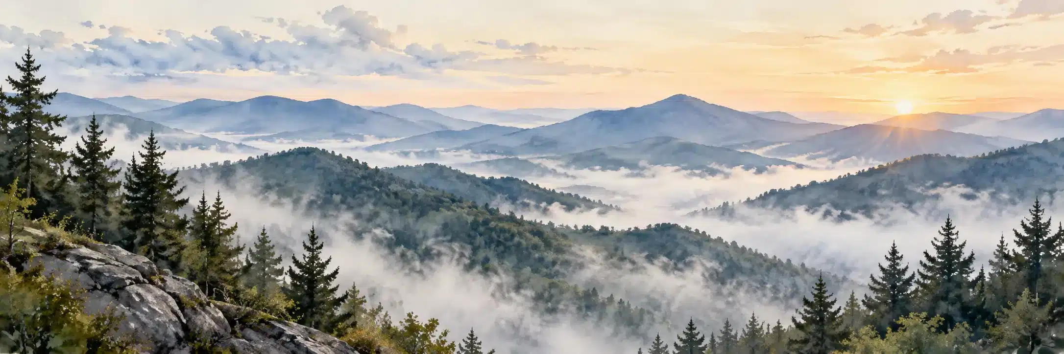 Watercolor-style painting of misty blue Smoky Mountain ridges with spruce trees in the foreground