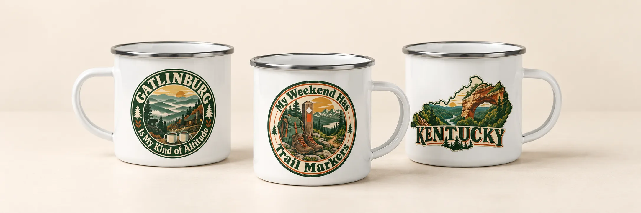 Three enamel camp mugs in a row: Gatlinburg, My Weekend Has Trail Markers, and Kentucky