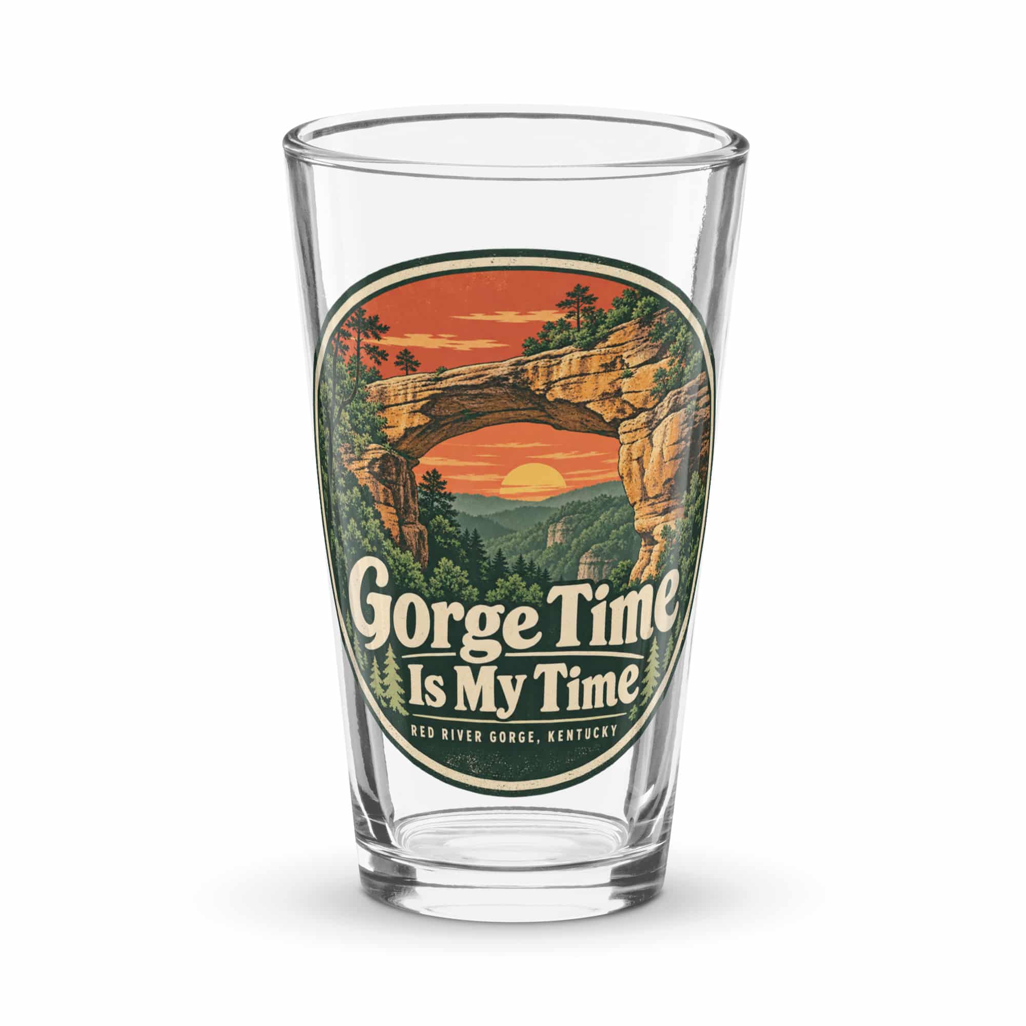 Red River Gorge Pint Glass: Gorge Time Is My Time, Vintage Round Badge