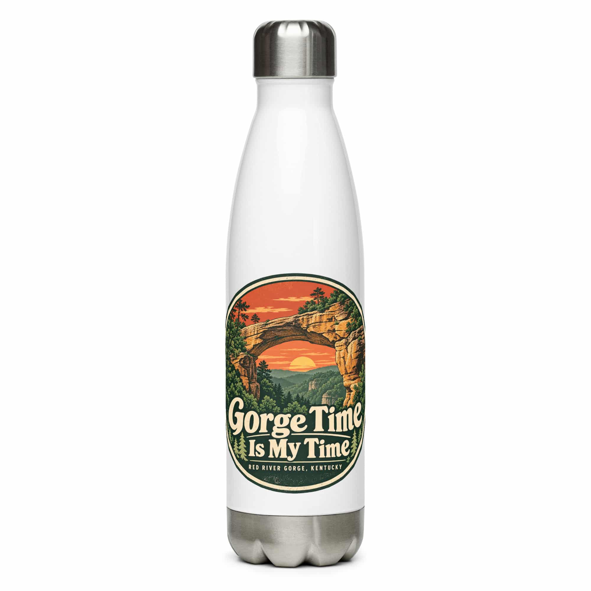 Red River Gorge Stainless Steel Water Bottle: Gorge Time Is My Time, Vintage Round Badge
