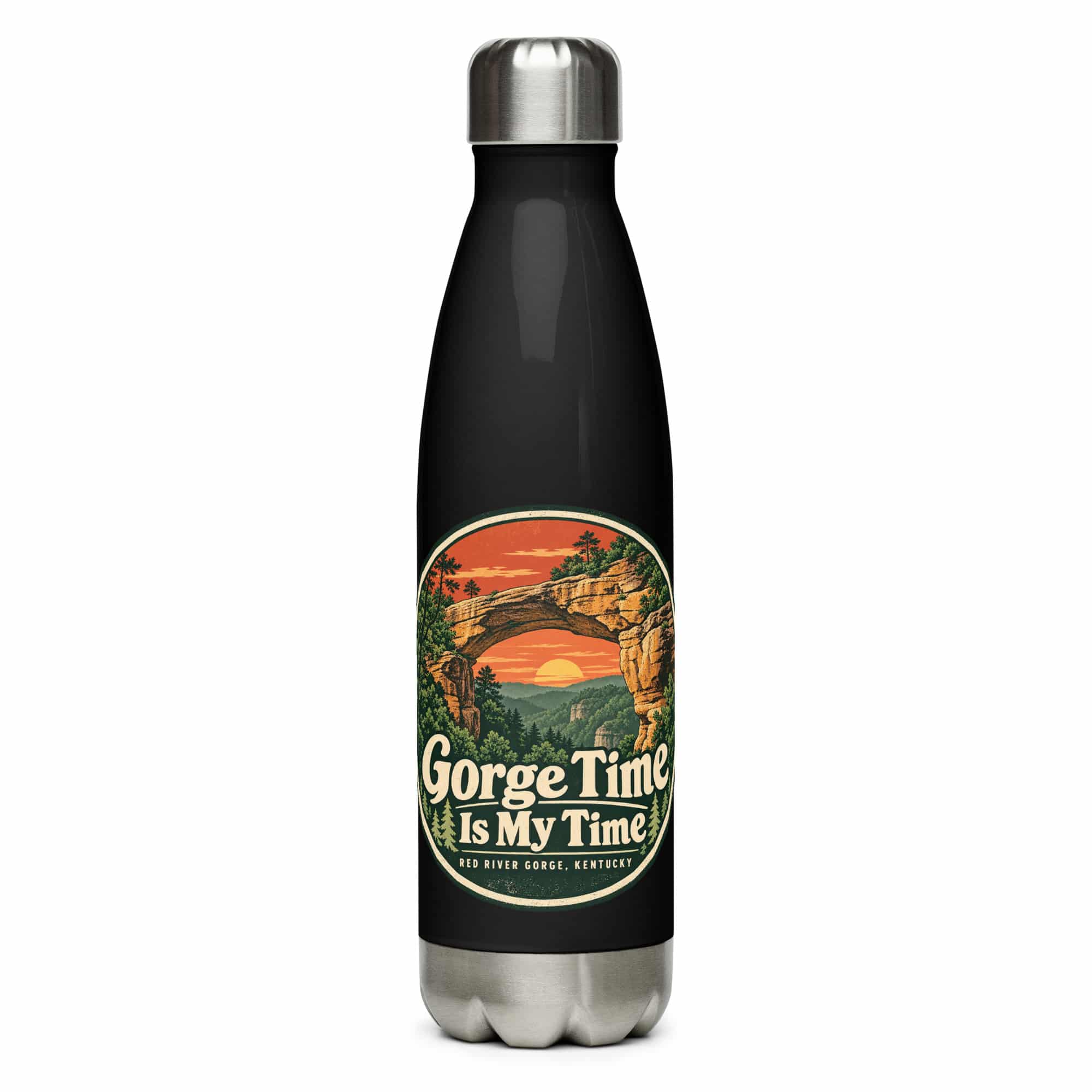 Red River Gorge Stainless Steel Water Bottle: Gorge Time Is My Time, Vintage Round Badge