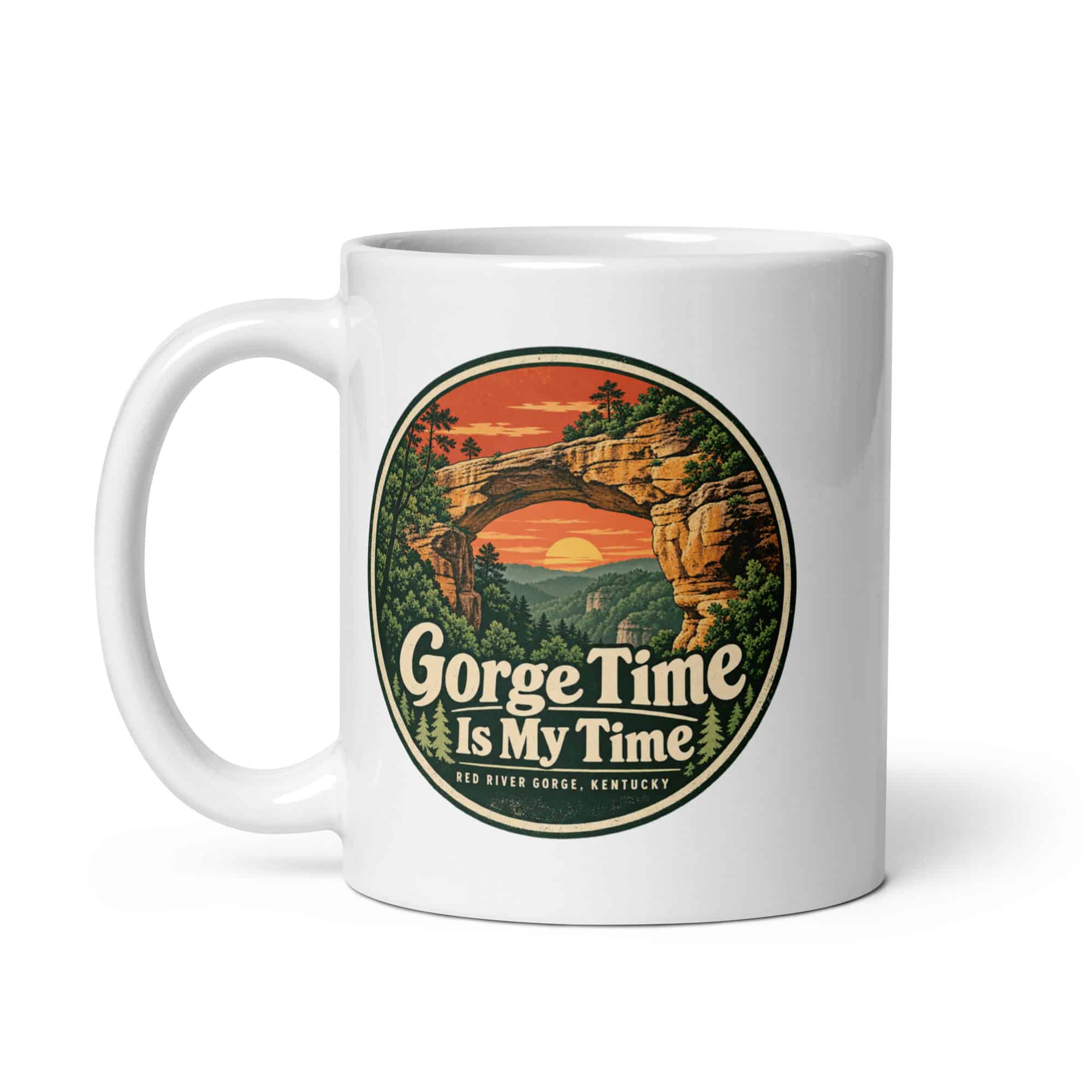 Red River Gorge White Ceramic Coffee Mug: Gorge Time Is My Time, Vintage Round Badge