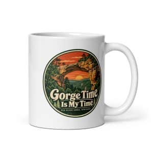 Red River Gorge White Ceramic Coffee Mug: Gorge Time Is My Time, Vintage Round Badge - 11 oz - Main