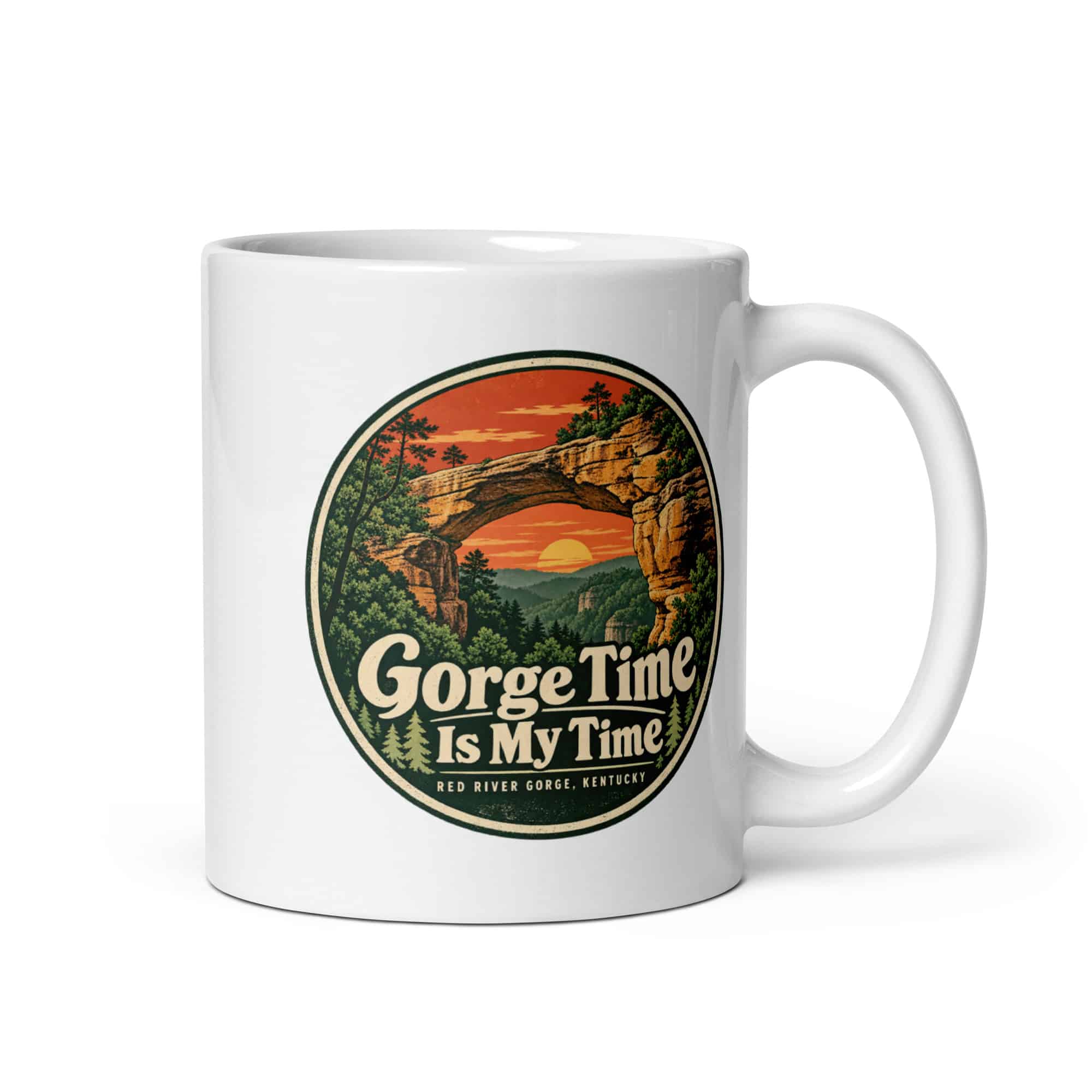 Red River Gorge White Ceramic Coffee Mug: Gorge Time Is My Time, Vintage Round Badge