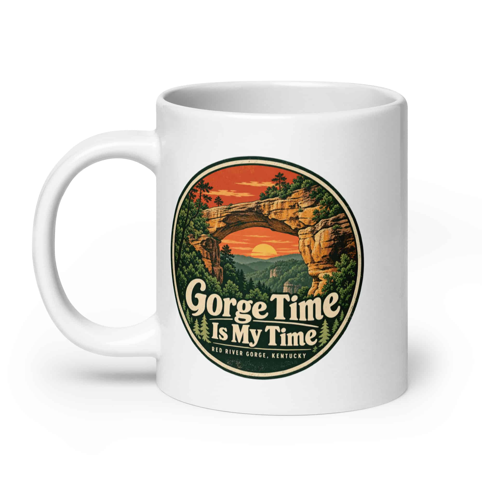Red River Gorge White Ceramic Coffee Mug: Gorge Time Is My Time, Vintage Round Badge