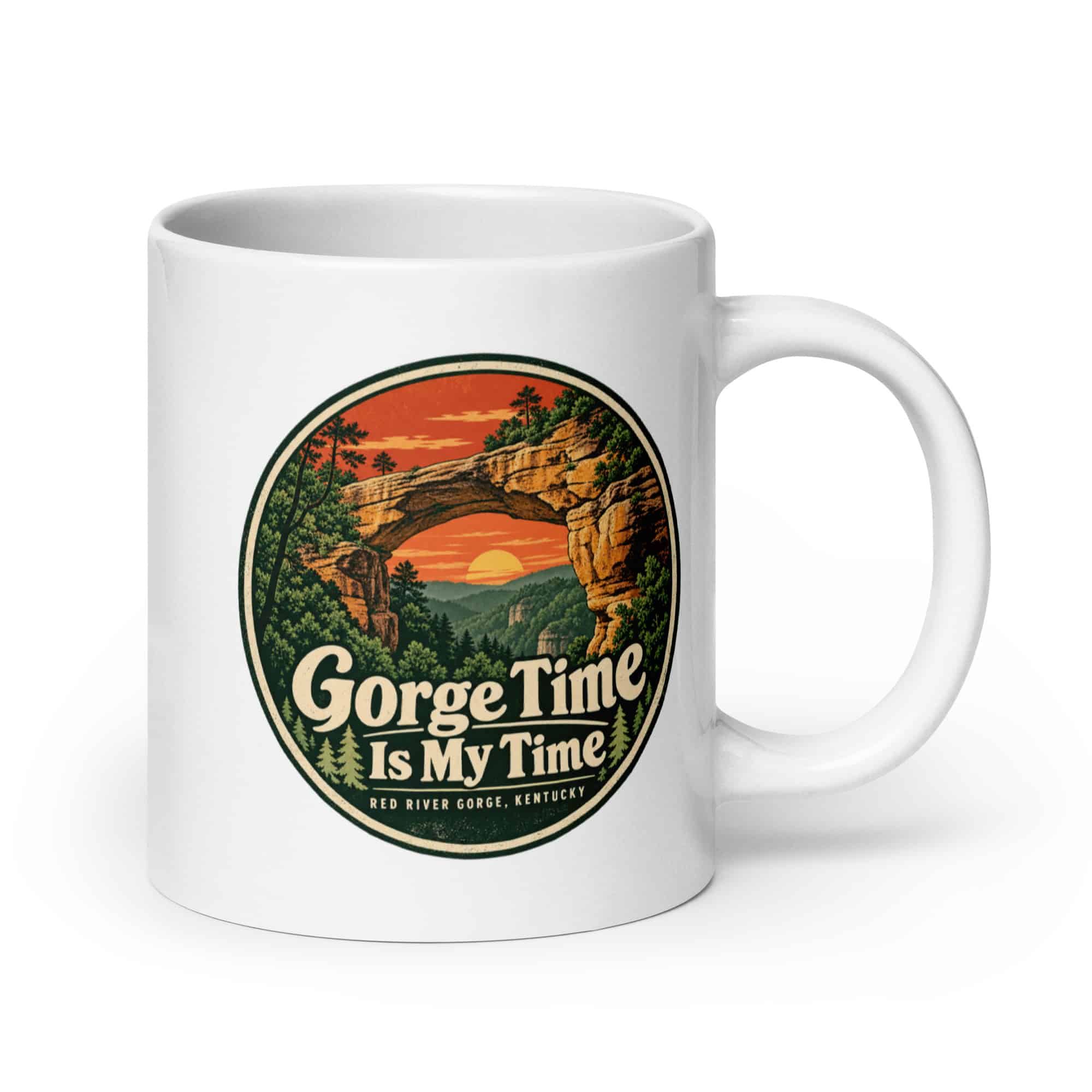 Red River Gorge White Ceramic Coffee Mug: Gorge Time Is My Time, Vintage Round Badge