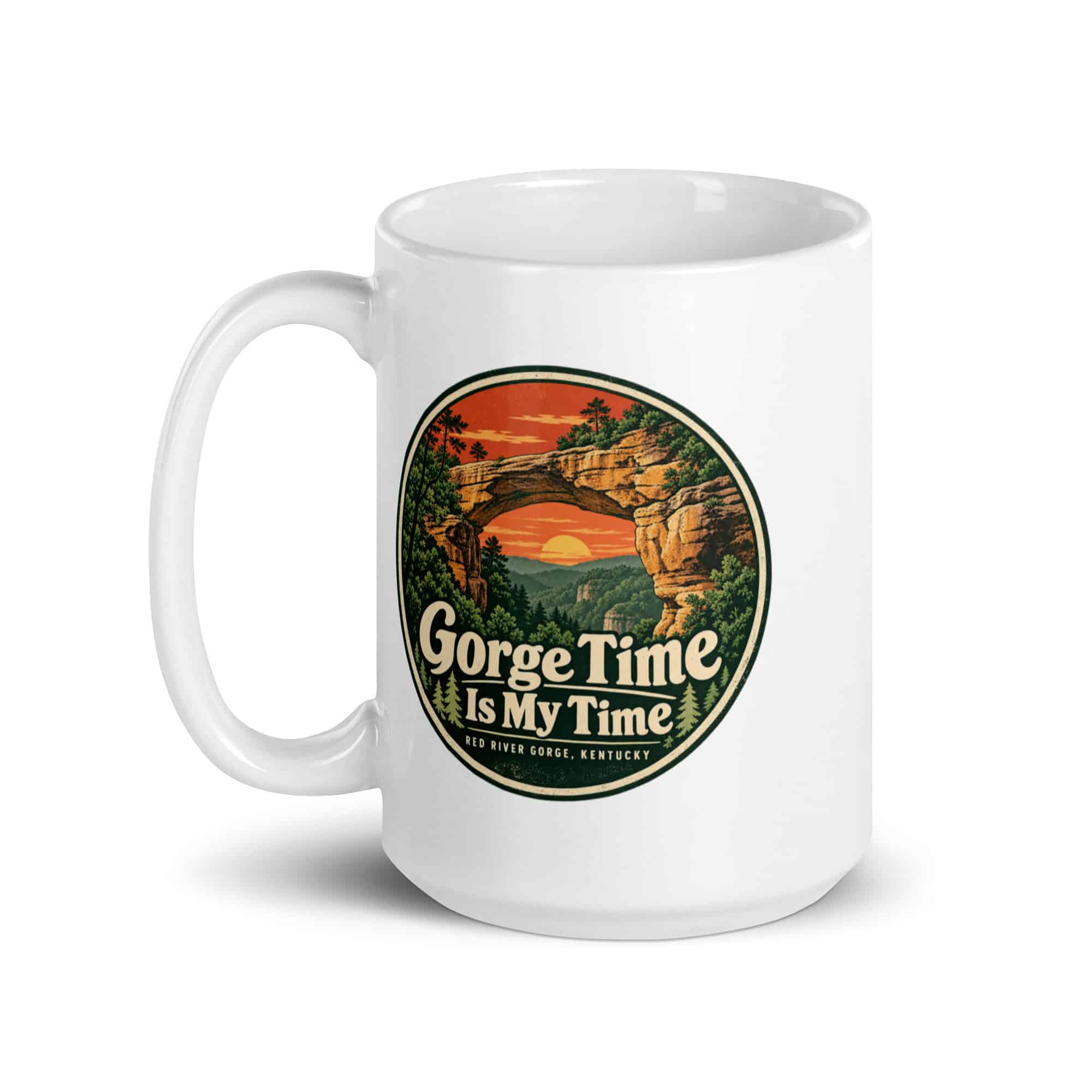 Red River Gorge White Ceramic Coffee Mug: Gorge Time Is My Time, Vintage Round Badge
