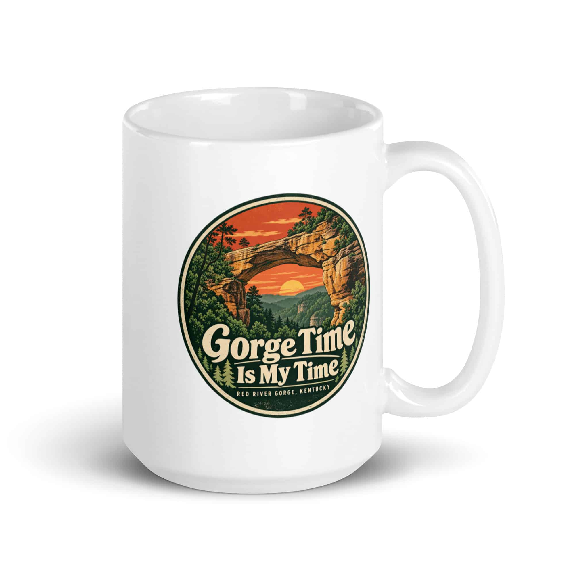 Red River Gorge White Ceramic Coffee Mug: Gorge Time Is My Time, Vintage Round Badge
