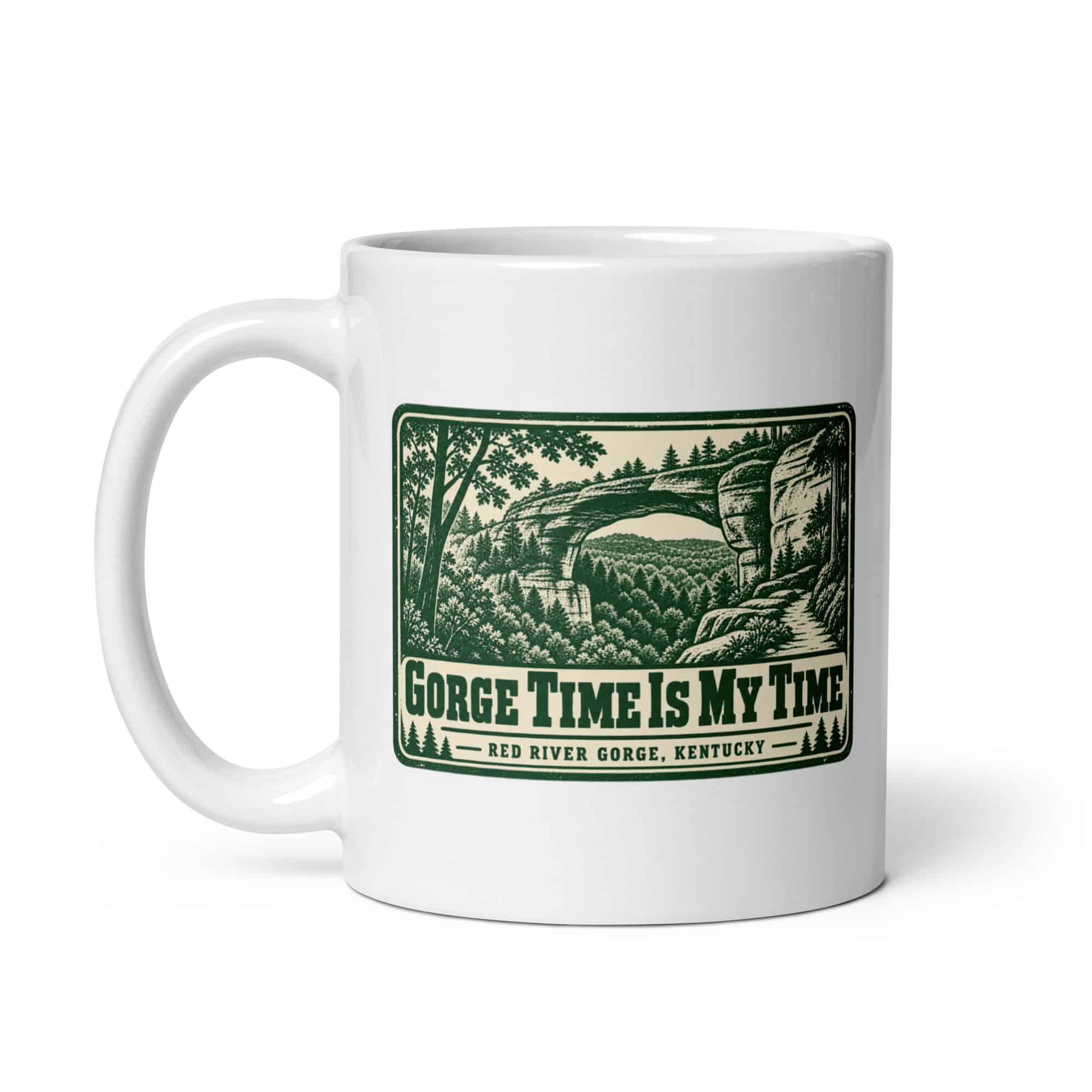 Red River Gorge White Ceramic Coffee Mug: Gorge Time Is My Time, Forest Ink Stamp