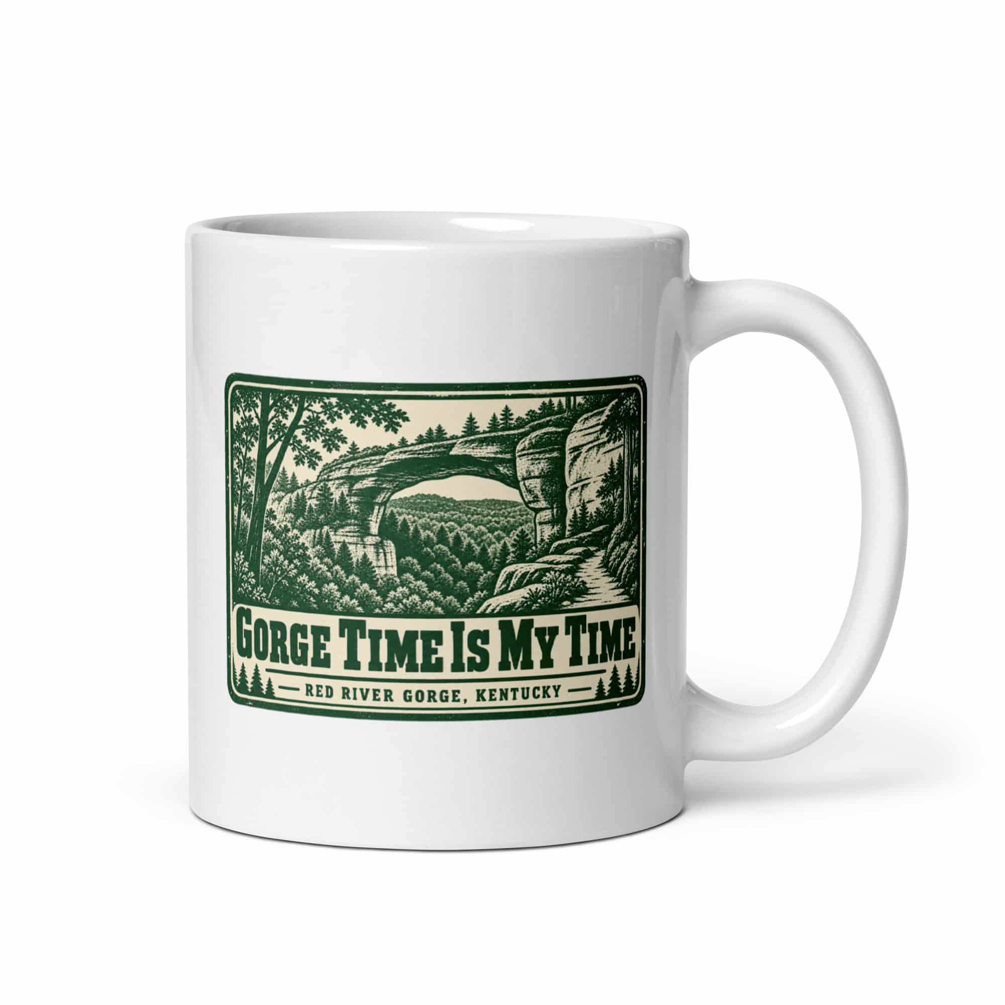 Red River Gorge White Ceramic Coffee Mug: Gorge Time Is My Time, Forest Ink Stamp