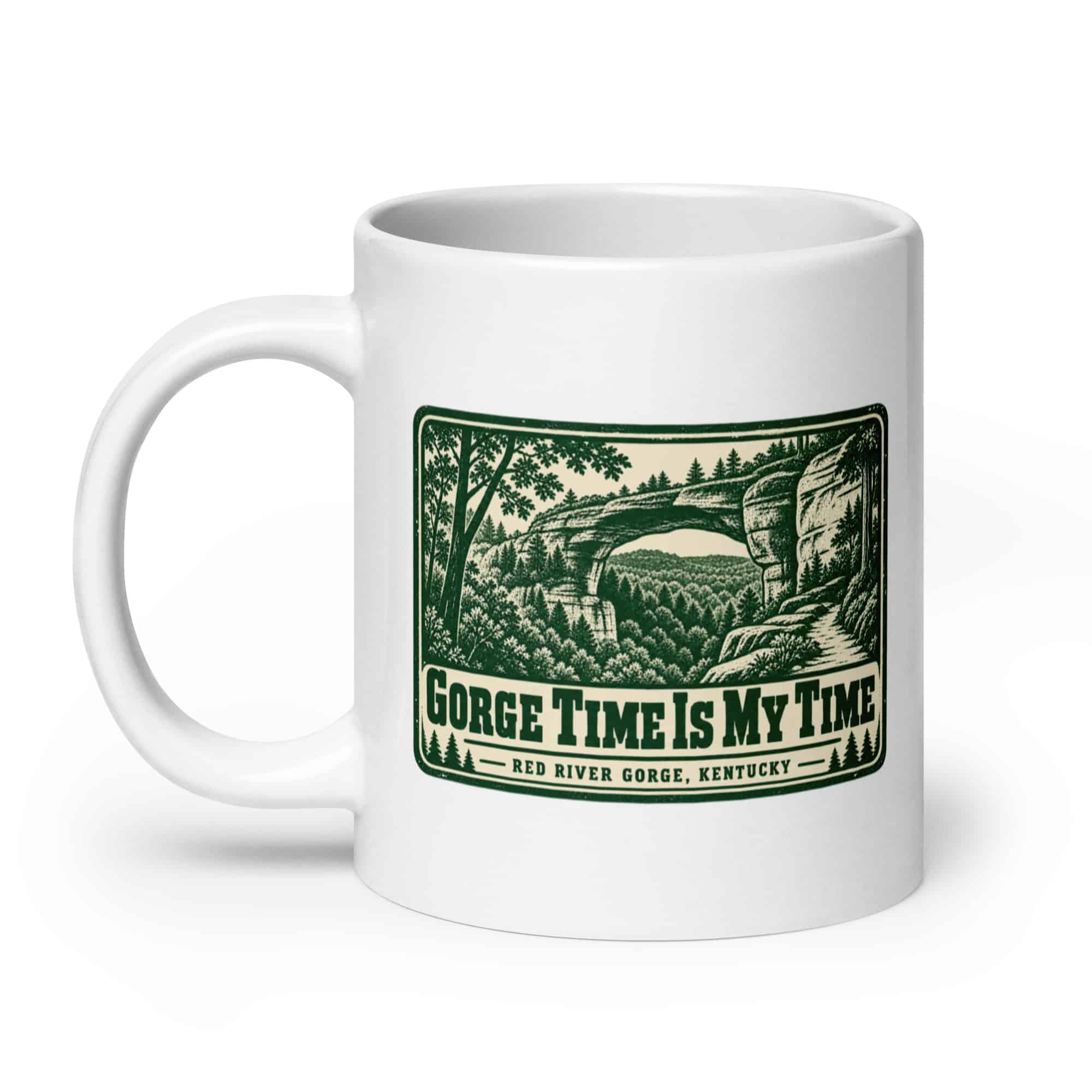 Red River Gorge White Ceramic Coffee Mug: Gorge Time Is My Time, Forest Ink Stamp