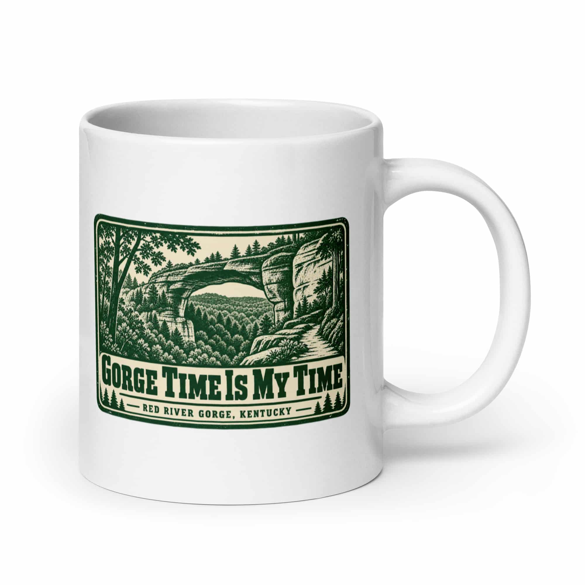 Red River Gorge White Ceramic Coffee Mug: Gorge Time Is My Time, Forest Ink Stamp