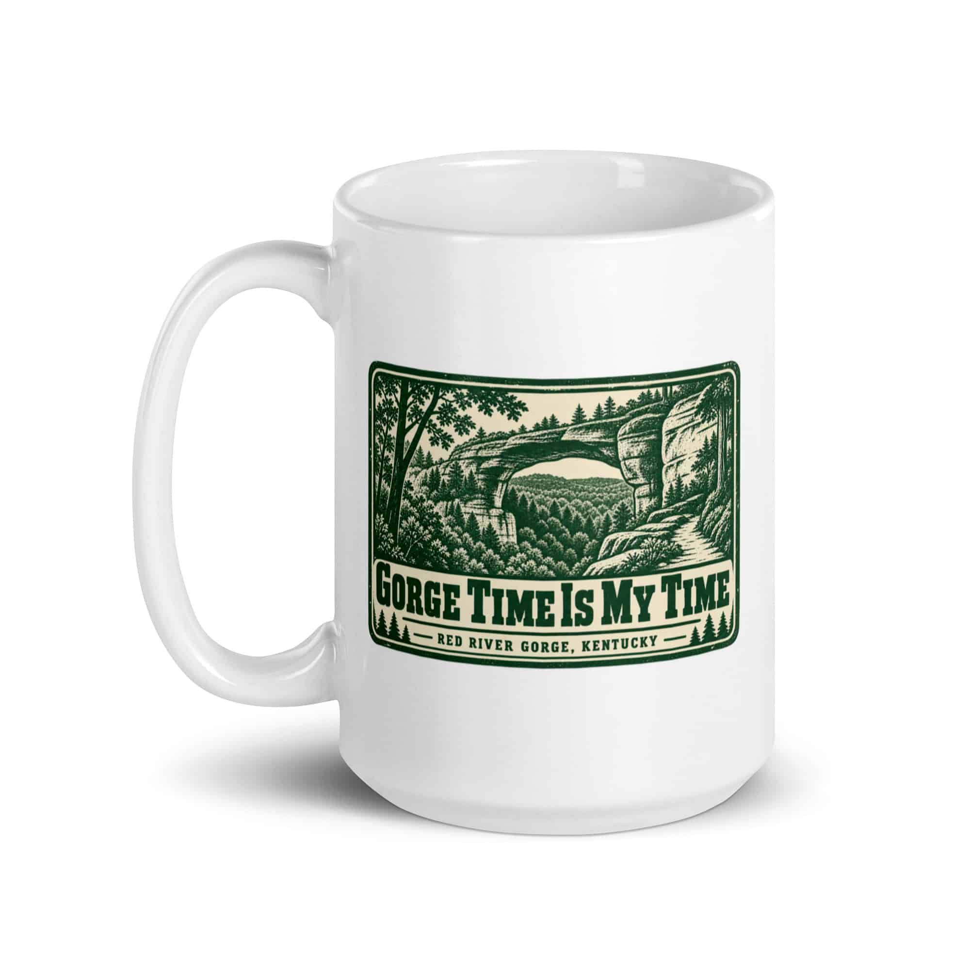 Red River Gorge White Ceramic Coffee Mug: Gorge Time Is My Time, Forest Ink Stamp