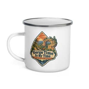 Red River Gorge Enamel Camp Mug: Gorge Time Is My Time, Scenic Shield Badge - 12 oz - Left